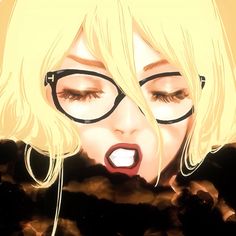 a woman with glasses and blonde hair is making a face while looking into the distance