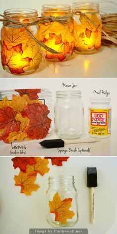 mason jars filled with fall leaves and some other items to make them look like they are floating