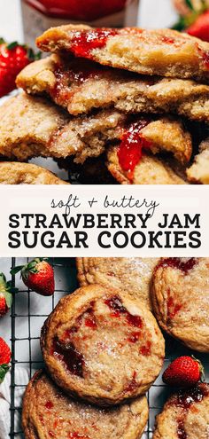 strawberry jam sugar cookies stacked on top of each other