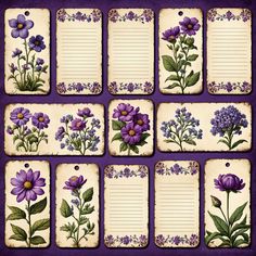 purple flowers are arranged on old paper tags