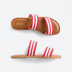 Never Worn. Bright Red And White Stripes. Red Slides For Spring Vacation, Red Slip-on Flip Flops For Spring, Trendy Red Adjustable Sandals, Trendy Adjustable Red Sandals, Red Adjustable Trendy Sandals, Red Flat Slides For Spring, Red Open Toe Flip Flops For Spring, Red Flip Flops For Spring Vacation, Red Slides For Beach In Summer