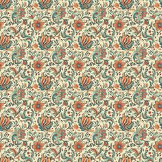 an abstract floral pattern in orange, blue and green