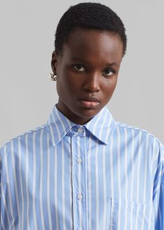 Georgia Boxy Shirt - Sky Blue/White Stripe – The Frankie Shop Blue Office Shirt With Striped Collar, Blue Shirt With Striped Collar For Office, Blue Blouse With Striped Collar For Daywear, Blue Shirt With Striped Collar For Daywear, Drop Shoulder, Oversized Fits, White Stripe, Blue Sky, Georgia