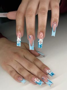 Pink N Blue Nails, Summer Nail Inspo Blue, Blue French Tip Hibiscus Nails, Baby Blue Hibiscus Nails, Acrylic Nail Designs Blue Butterfly, Nail Ideas Butterflies Blue, Bahamas Nails, Pink And Blue Tropical Nails, Carcase Iphone