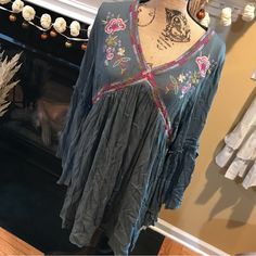 Umgee Embroidered Dress Beautiful Embroidery Butterfly Sleeves Fully Lined Gorgeous Deep Gray/Bluish Color Size Large New/Tags Attached Excellent Condition Spring V-neck Dress With Multicolor Embroidery, Spring Festival Embroidered V-neck Dress, Bohemian V-neck Embroidered Dress For Brunch, V-neck Dress With Intricate Multicolor Embroidery, Spring Green Embroidered V-neck Dress, Folk Style Long Sleeve Floral Print Dress, Folk Style Long-sleeved Floral Print Dress, Multicolor Embroidered Long Sleeve Floral Dress, Spring Folk Embroidered Dress With Embroidered Sleeves