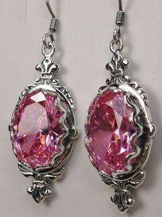 Pink Cubic Zirconia (CZ) Earrings, Sterling Silver Filigree, Victorian Jewelry, Pin Design P18 Silver Crystal Earrings With Jewels For Gift, Silver Crystal Earrings With Jewels As Gift, Elegant Pink Crystal Earrings With Bling, Twst Oc, Star And Moon Necklace, Oc Inspo, Pin Design, Floral Brooch, Prom Jewelry