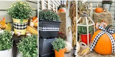 pumpkins and gourds are arranged on the porch for fall decorations, along with hay bales