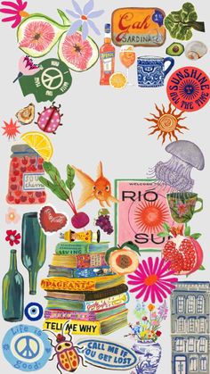 a collage of various items that include flowers, fruit and other things to describe