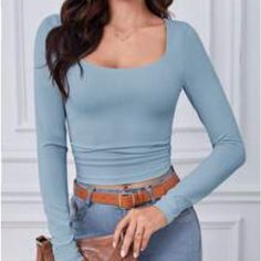 This Top Is Cute But Tight Fitting - Never Worn. It’s A Soft Material Somewhere Between Cotton And Moisture Wicking. Light Blue Long Sleeve Sports Top, Fitted Seamless Light Blue Crop Top, Fitted Long Sleeve Blue Crop Top, Fitted Long Sleeve Light Blue Crop Top, Blue Stretch Crop Top T-shirt, Fitted Long Sleeve, Tops Shein, Shein Tops, Long Sleeve Crop