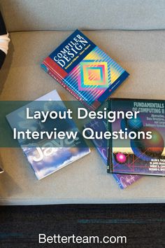 several books sitting on top of a couch with the title layout designer interview questions