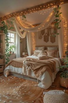 a bedroom decorated with fairy lights and decorations