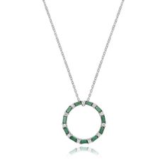 "A gorgeous 925 sterling silver pretty circle of life necklace set with emerald green baguette and brilliant cut cz stones. The necklace is adjustable from 17\"/43cm to 19\"/48cm  Circle size 18mm diameter. Rhodium plated 925 silver - weight 3.1g" Circle Of Life, Circle Necklace, Hinged Bangle, Circle Pendant, Fine Jewellery Necklace, Polish Jewelry, Free Jewelry, Sterling Silver Chains, Rhodium Plated