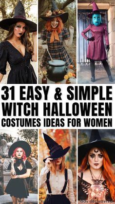 the cover of 31 easy and simple witch halloween costumes for women, with images of witches