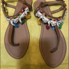 Bright Colorful Flat Sandals. Show Off Those Pretty Feet! (Or Dress Up Not-So-Pretty Feet. These Are Crazy Cute! Trendy Multicolor Sandals For Festivals, Trendy Multicolor Festival Sandals, Casual Multicolor Sandals For Festival, Casual Multicolor Festival Sandals, Shoes Colorful, Qupid Shoes, Flat Color, Show Off, Flat Sandals