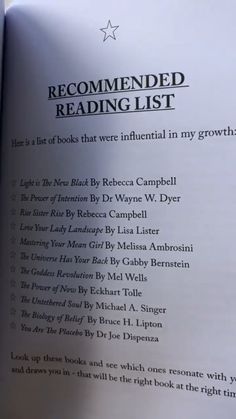 an open book with the title recommended reading list