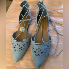 New Light Blue Fabric Size 9 Flats Blue Pointed Toe Flats For Summer, Blue Closed Toe Flats For Spring, Blue Pointed Toe Flats For Spring, Blue Low-top Flats For Spring, Light Blue Flats, Light Blue Fabric, Blue Flats, Christian Siriano, Blue Fabric