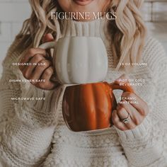 a woman holding a coffee mug with the words figurine mugs on it