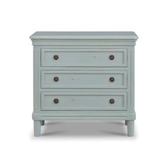 a blue dresser with three drawers on one side and two knobs on the other