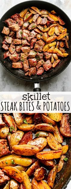 steak bites and potatoes in a skillet with the words grilled steak bites and potatoes