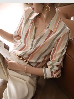 Step up your style game with our Multi Soft Colors Striped Elegant Basic Shirt. With its variety of soft colors and classic striped pattern, this shirt is the perfect versatile addition to your wardrobe. Made with high-quality material, it provides both comfort and elegance for any occasion. Designed by 4COLORDRESS Phd Defense, Korean Fashion Shirt, Outfit Blouse, Womens Basic Tops, Blouses Designs, Design Blouse, Leisure Fashion, Casual Long Sleeve Shirts, Autumn Clothes