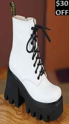 White Leather High-top Wedge Boots, Spring Synthetic Platform Martin Boots, White Pointed Toe Platform Boots In Faux Leather, Spring Platform Martin Boots With Pointed Toe, White Leather Wedge Boots With Round Toe, White High-top Wedge Boots For Spring, White Martin Boots For Spring, Spring Platform Boots With Pointed Toe, Lace-up Synthetic Wedge Boots For Spring