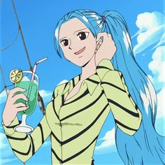 a woman with blue hair holding a drink