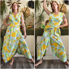 60s 70s mod retro bright floral print palazzo jumpsuit with overskirt built in. Sleeveless tank top style with gathered bust at waist for flattering fit. Wide leg palazzo gaucho pants are cut on an angle, a really awesome unique detail. Built in overskirt in front and back! Zipper up back. NO flaws! No fabric contents listed, feels like rayon or rayon blend. Fits like a womens MEDIUM-Medium Plus- see measurements below! Shoulders 15.5" Bust 42" Waist 32" Hips 42" Inseam 19" & 31" (at shortest and longest point of leg hem) Length 57" Rise to Waist 20" Rise to Shoulder 34" Arm Hole 9" Retro Sleeveless Jumpsuits And Rompers For Summer, Vintage Floral Print Jumpsuits And Rompers, Retro Floral Print Sleeveless Jumpsuits, Retro Floral Print Fitted Jumpsuits And Rompers, Retro Fitted Floral Print Jumpsuits And Rompers, Retro Sleeveless Floral Print Jumpsuits, Retro Sleeveless Floral Jumpsuits And Rompers, Vintage Floral Print Jumpsuit For Spring, Retro Summer Floral Jumpsuits And Rompers