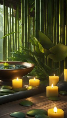 candles are lit in front of a bowl with water and bamboo leaves on the floor