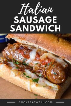 the italian sausage sandwich is cut in half