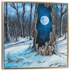 a painting of a snowy forest with trees and the moon in the sky above it