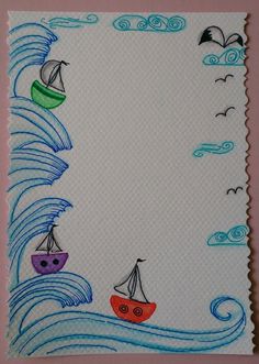 a drawing of two boats in the ocean with waves and birds flying above them on a white paper