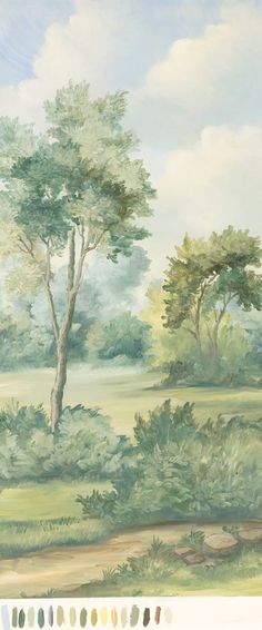 a painting of trees and grass in a field