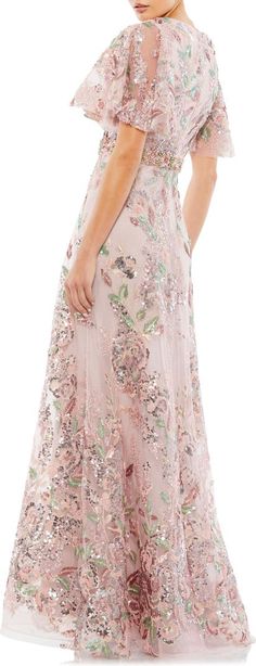 Mac Duggal Sequin Floral Butterfly Sleeve A-Line Gown | Nordstrom Bride Ideas, Mother Of Groom Dresses, Mac Duggal Dresses, Full Length Gowns, Mob Dresses, Embellished Gown, Column Gown, Butterfly Sleeve, Floral Butterfly