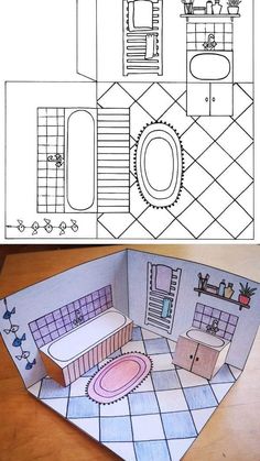 a paper cut out of a bathroom with sink, toilet and bathtub in it