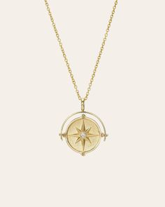 Spinner Compass Medallion Necklace - Zoe Lev Jewelry Celestial Yellow Gold Jewelry With Compass Design, Sterling Silver Yellow Gold Compass Design Necklace, Sterling Silver Yellow Gold Necklace With Compass Design, Travel Yellow Gold Jewelry With Compass Design, Yellow Gold Pendant Necklaces For Travel, Timeless Gold Necklace With Compass Design, Yellow Gold Pendant Jewelry For Travel, Gold Compass Necklace, North Star Necklace