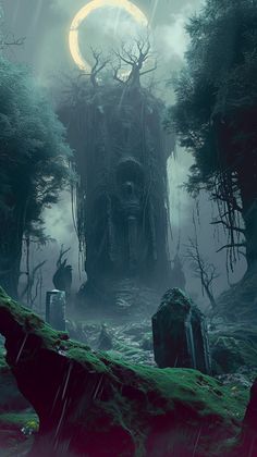 an image of a fantasy forest scene with a giant tree stump in the foreground