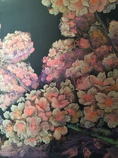 an oil painting of pink flowers on a black background