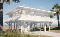 an artist's rendering of a house on stilts in the sand with palm trees