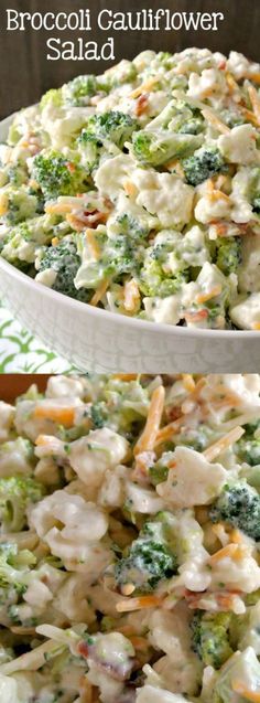 broccoli cauliflower salad in a white serving dish