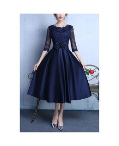 Get 10% off now! Buy navy blue tea length wedding guest dress with bow knot at cheap price online. Free stable shipping and pro custom service since 2009. Tea Length Formal Dresses, Tea Length Skirt, Bow Wedding, Cute Dresses For Party, Tea Length Wedding, Blue Tea, Tea Length Wedding Dress, Half Sleeve Dresses, Bow Knot