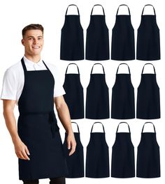 a man wearing an apron and standing in front of twelve different styles of aprons