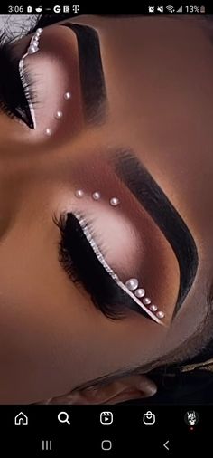 Rhinestone Make Up Looks, Soft Makeup Look With Rhinestones, Makeup Looks With White Waterline, Makeup With Pearls Black Women, Eyeshadow Looks With Pearls, Pearl Makeup Looks Prom, Pearl Makeup Looks Black Women, White Makeup Looks Black Women, Diamond Makeup Looks