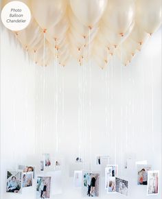 an instagram page with balloons and photos hanging from the ceiling, which are attached to strings