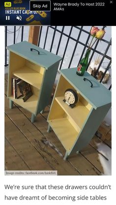 two yellow and green side tables with books on them, one has a clock in it