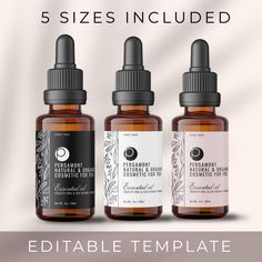 three bottles of essential oils with the words, 5 sizes included on them and an image of