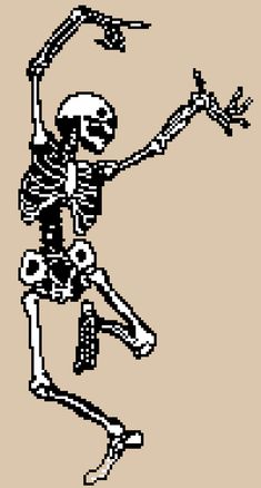 a cross stitch skeleton dancing with an arrow in its hand and holding the arm out