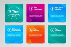 four different colored tags with the text 5 tips to instagram and 3 other infos