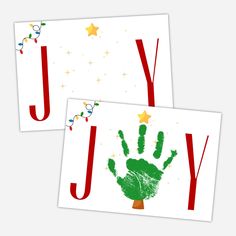 two hand prints with the letter j on them, one is green and the other is red