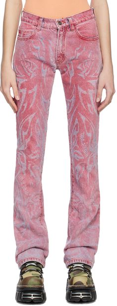 Non-stretch denim jeans. Laser-cut graphic pattern. · Low-rise · Belt loops · Five-pocket styling · Zip-fly · Flared cuffs · Leather logo patch at back waistband Available exclusively at SSENSE. Supplier color: Pink Jade Outfits, Y2k Trends, Butterfly Jeans, Rose Jeans, Graphic Fashion, Crystal Belt, Wardrobe Clothes, 3d Rose, Brands Fashion