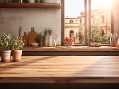 two potted plants sitting on top of a wooden counter